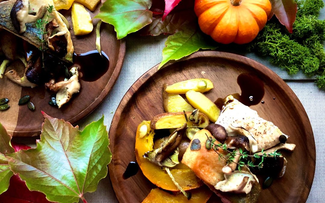 Saibling auf Kürbis-Fenchel Gemüse mit gebratenen Shiitake-Pilzen