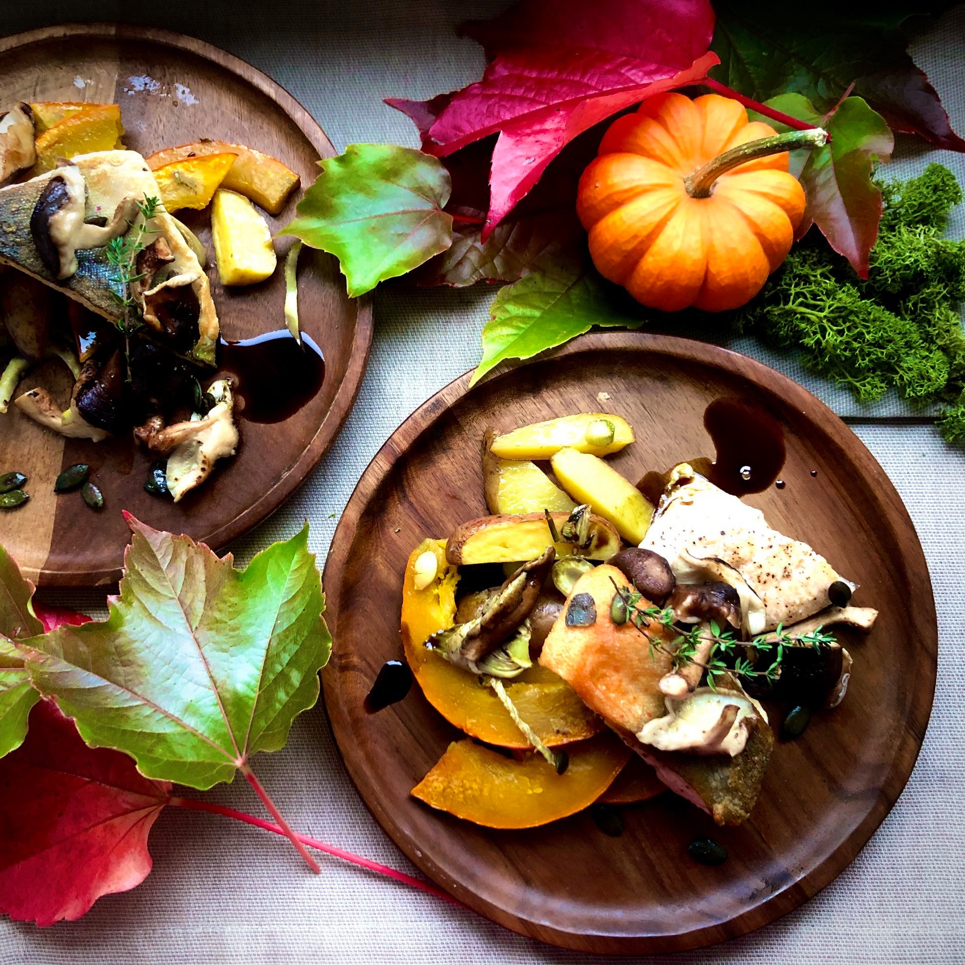 Saibling auf Kürbis-Fenchel Gemüse mit gebratenen Shiitake-Pilzen ...